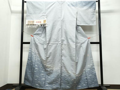 平和屋着物●石川県指定無形文化財 牛首紬 白山工房 手織り 訪問着 立波文 金彩 証紙付き 正絹 逸品 未使用 CAAS8643vf