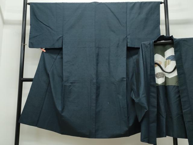 平和屋着物●男性 紬 アンサンブル 藍鉄色 正絹 逸品 CAAS8650vf