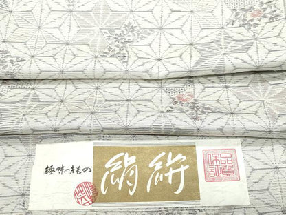 平和屋着物●上質な紬 麻の葉花文 反端付き 正絹 逸品 CAAS8682vf