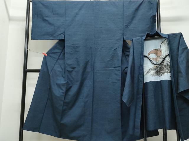 平和屋着物●男性 紬 アンサンブル 濃紺色 正絹 逸品 CAAS8732vf