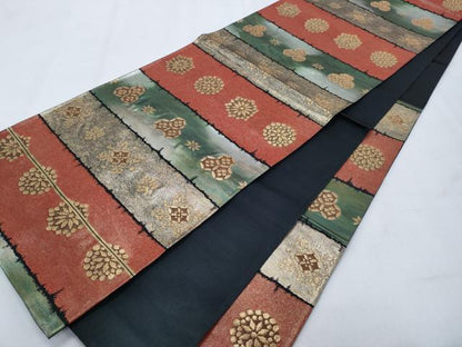 平和屋着物◎六通柄袋帯 横段吉祥花文 黒地 金糸 やまと誂製 正絹 逸品 CAAS8829ha