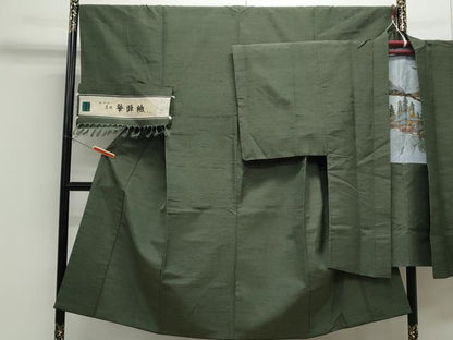 平和屋着物●真綿華峰紬 アンサンブル 色無地 麹塵色 反端付き 正絹 逸品 CAAS9204th