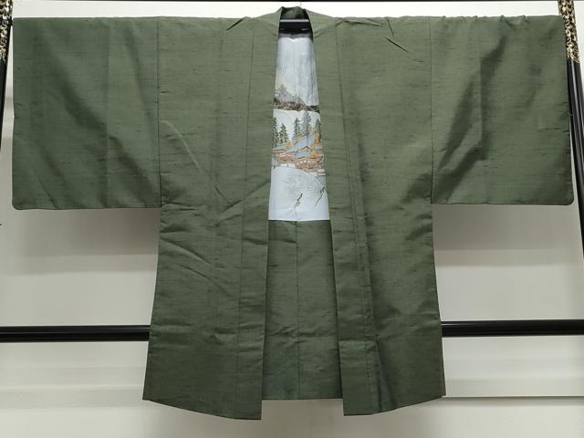 平和屋着物●真綿華峰紬 アンサンブル 色無地 麹塵色 反端付き 正絹 逸品 CAAS9204th