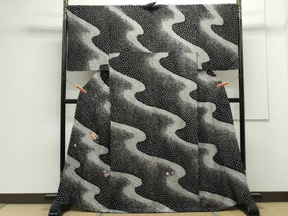 平和屋着物●訪問着　駒刺繍　絞り　糸巻き花文　黒地　金糸　正絹　逸品　CAAS9314th