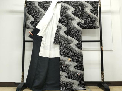 平和屋着物●訪問着　駒刺繍　絞り　糸巻き花文　黒地　金糸　正絹　逸品　CAAS9314th