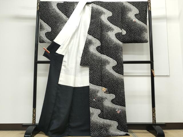平和屋着物●訪問着　駒刺繍　絞り　糸巻き花文　黒地　金糸　正絹　逸品　CAAS9314th