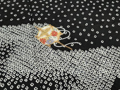 平和屋着物●訪問着　駒刺繍　絞り　糸巻き花文　黒地　金糸　正絹　逸品　CAAS9314th