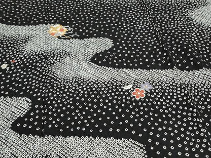 平和屋着物●訪問着　駒刺繍　絞り　糸巻き花文　黒地　金糸　正絹　逸品　CAAS9314th