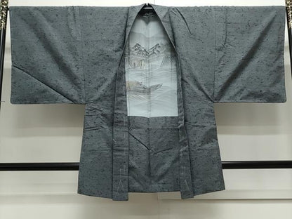 平和屋着物●男性　紬　髭紬羽織セット　色無地　墨色　正絹　逸品　未使用　CAAS9323th