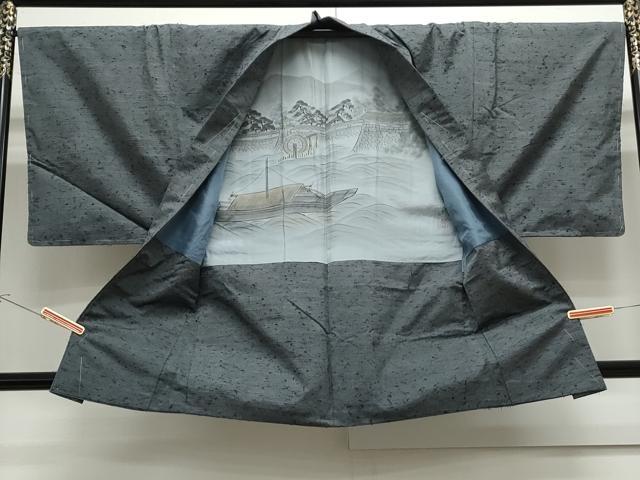 平和屋着物●男性　紬　髭紬羽織セット　色無地　墨色　正絹　逸品　未使用　CAAS9323th