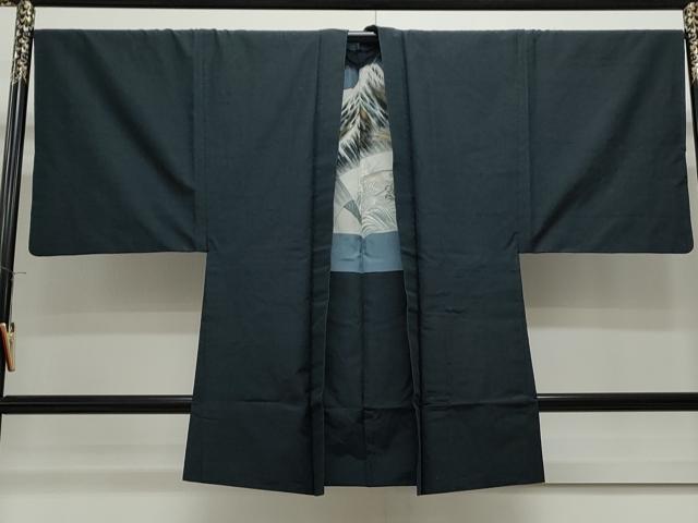 平和屋着物●男性　紬　アンサンブル　色無地　黒色　正絹　逸品　CAAS9325th
