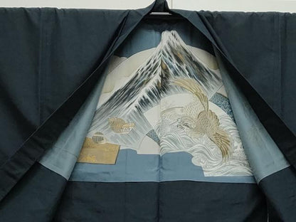 平和屋着物●男性　紬　アンサンブル　色無地　黒色　正絹　逸品　CAAS9325th