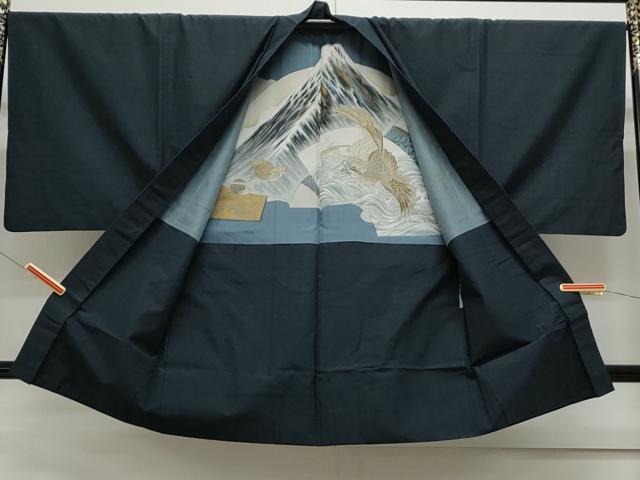平和屋着物●男性　紬　アンサンブル　色無地　黒色　正絹　逸品　CAAS9325th