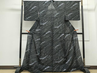 平和屋着物＊夏物 小紋 絽 跳兎 舞花びら 黒地 洗える着物 未使用 CAAQ1231thm