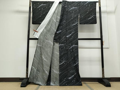 平和屋着物＊夏物 小紋 絽 跳兎 舞花びら 黒地 洗える着物 未使用 CAAQ1231thm
