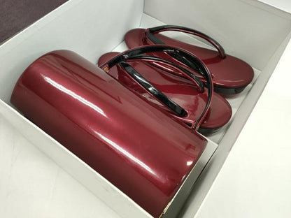 平和屋着物●和装小物　和装バッグ・草履セット　エナメル　臙脂色×黒　草履サイズ：Ｌ　逸品　CAAS9805ju