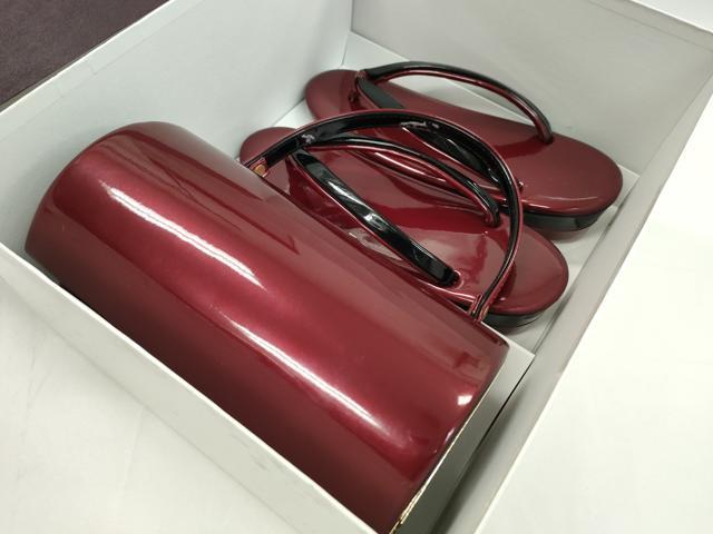 平和屋着物●和装小物　和装バッグ・草履セット　エナメル　臙脂色×黒　草履サイズ：Ｌ　逸品　CAAS9805ju