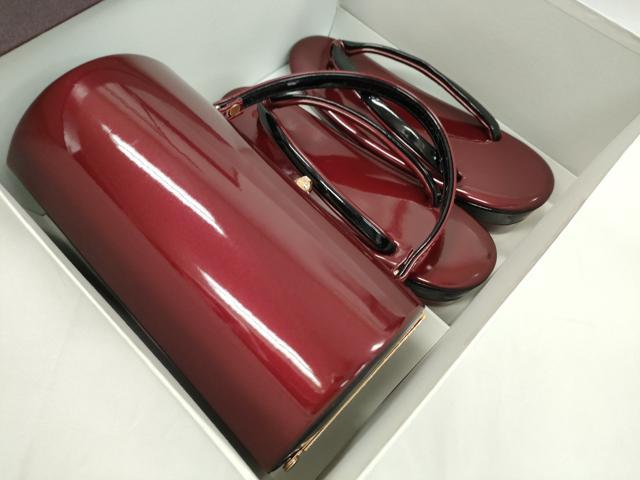 平和屋着物●和装小物　和装バッグ・草履セット　エナメル　臙脂色×黒　草履サイズ：Ｌ　逸品　CAAS9806ju