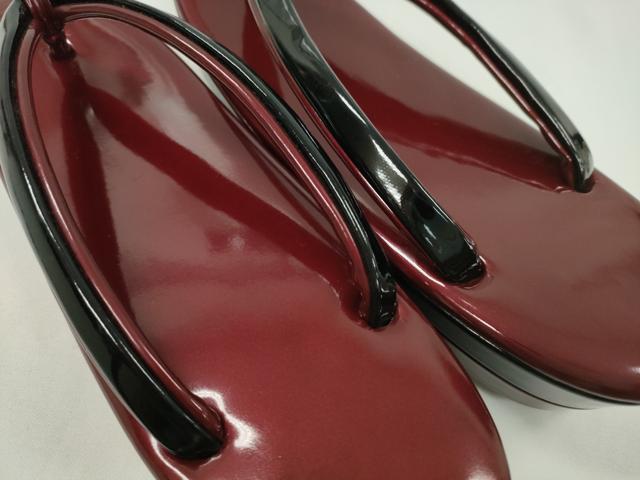 平和屋着物●和装小物　和装バッグ・草履セット　エナメル　臙脂色×黒　草履サイズ：Ｌ　逸品　CAAS9806ju
