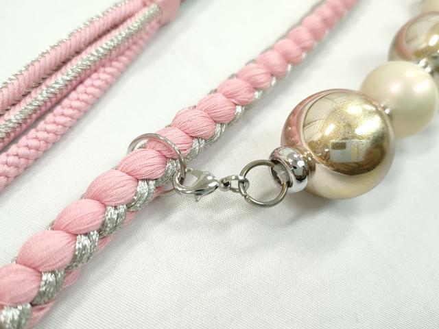 平和屋着物●和装小物 振袖用帯締め 飾り付き パール Sweet Angel ピンク 銀糸 逸品 未使用 CAAS9946ju
