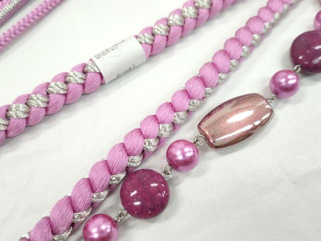 平和屋着物●和装小物　振袖用帯締め　飾り付き　パール　Sweet Angel　赤紫色　銀糸　逸品　未使用　CAAS9974ju