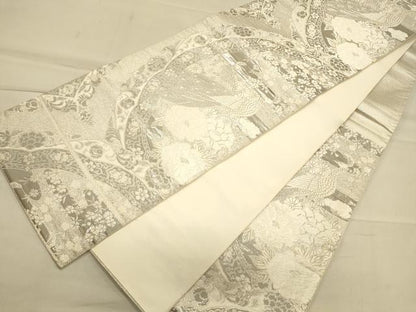 平和屋着物◎六通柄袋帯　唐織　孔雀花唐草文　銀糸　正絹　逸品　CAAT0022ft