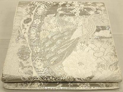 平和屋着物◎六通柄袋帯　唐織　孔雀花唐草文　銀糸　正絹　逸品　CAAT0022ft