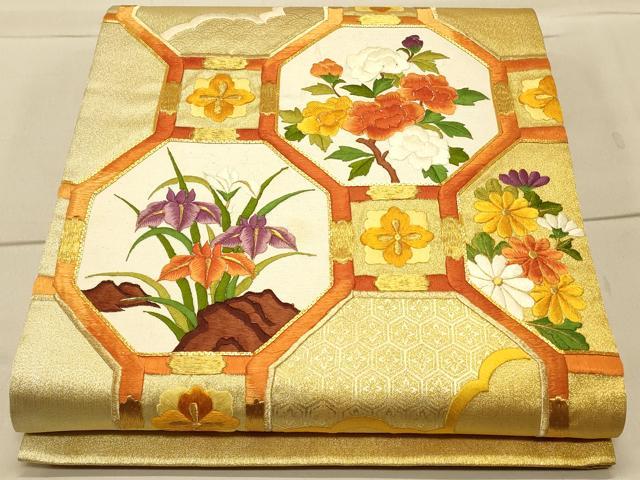 平和屋着物◎太鼓柄袋帯 駒刺繍 蜀江花文 金糸 正絹 逸品 CAAT0055ft