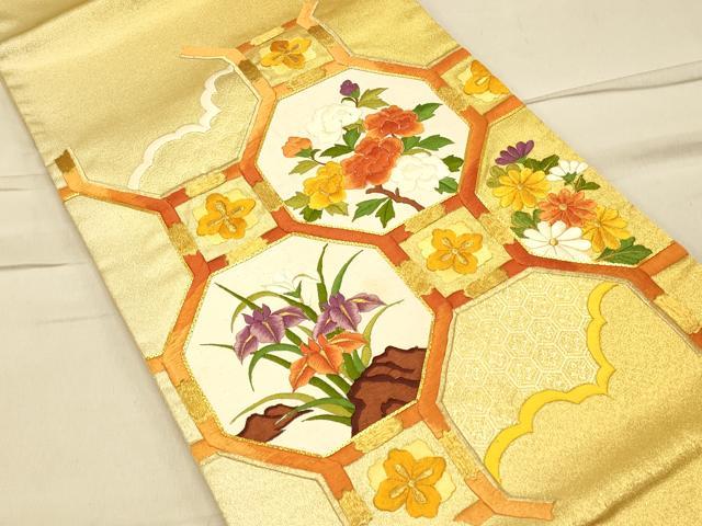 平和屋着物◎太鼓柄袋帯 駒刺繍 蜀江花文 金糸 正絹 逸品 CAAT0055ft