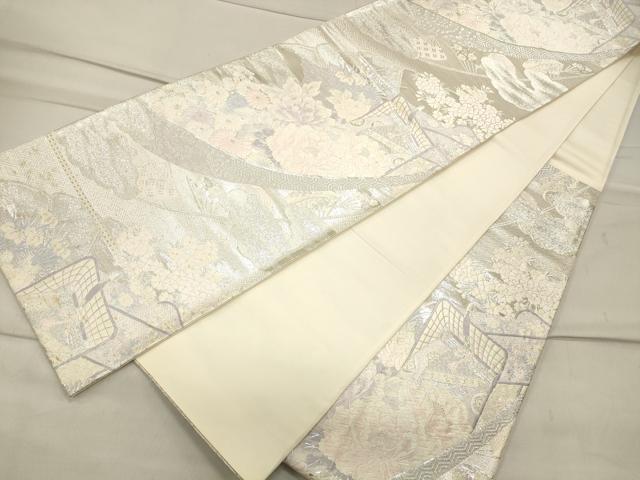 平和屋着物◎六通柄袋帯 唐織 御所車花文 銀糸 正絹 逸品 CAAT0063ft