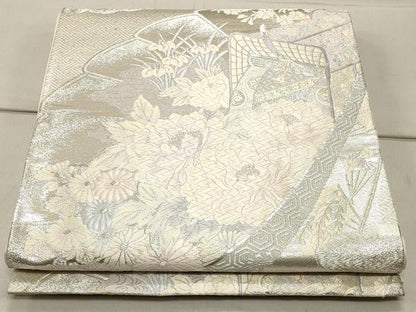 平和屋着物◎六通柄袋帯 唐織 御所車花文 銀糸 正絹 逸品 CAAT0063ft