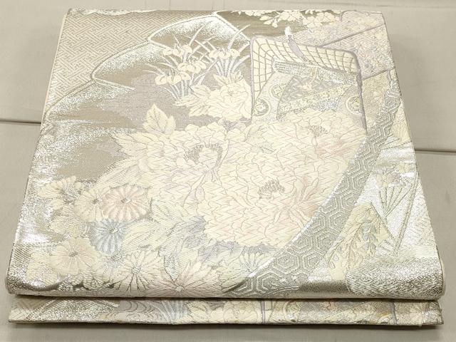 平和屋着物◎六通柄袋帯 唐織 御所車花文 銀糸 正絹 逸品 CAAT0063ft