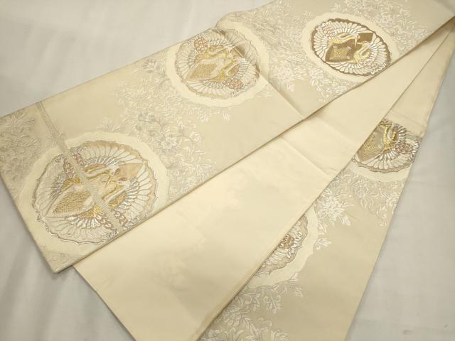 平和屋着物◎六通柄袋帯 唐織 向かい鶴更紗花文 金銀糸 正絹 逸品 CAAT0082ft