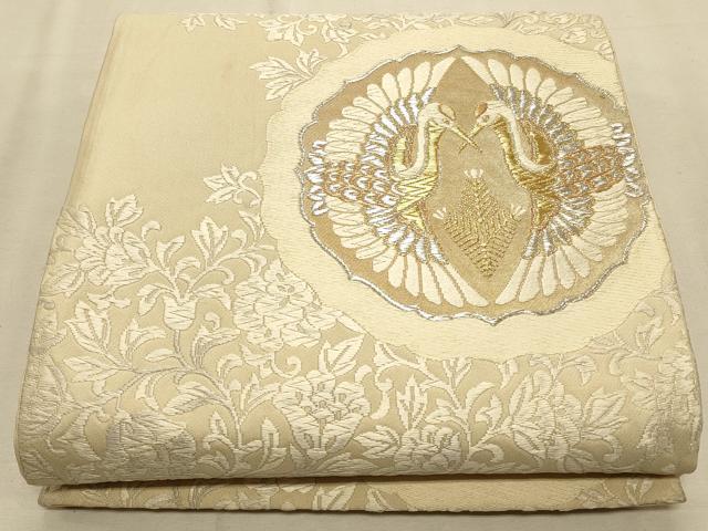 平和屋着物◎六通柄袋帯 唐織 向かい鶴更紗花文 金銀糸 正絹 逸品 CAAT0082ft
