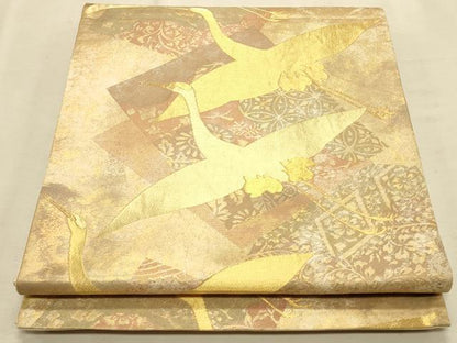 平和屋着物◎六通柄袋帯 群鶴文 金糸 引箔 正絹 逸品 CAAT0083ft