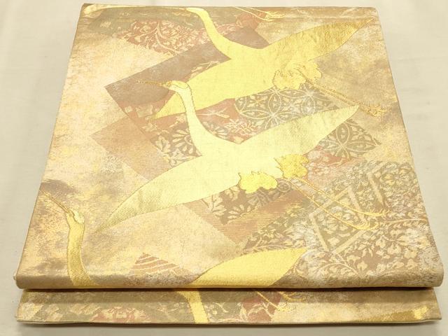平和屋着物◎六通柄袋帯 群鶴文 金糸 引箔 正絹 逸品 CAAT0083ft