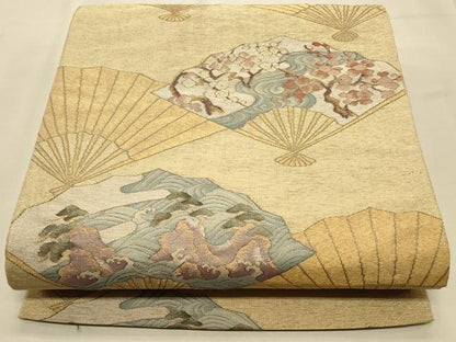 平和屋着物◎六通柄袋帯 扇面流水枝梅松文 金銀糸 正絹 逸品 CAAT0104ft
