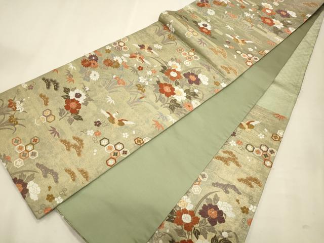 平和屋着物◎六通柄袋帯 飛鶴流水草花文 金糸 引箔 正絹 逸品 CAAT0109ft