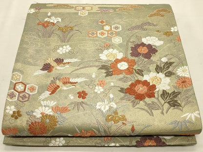 平和屋着物◎六通柄袋帯 飛鶴流水草花文 金糸 引箔 正絹 逸品 CAAT0109ft
