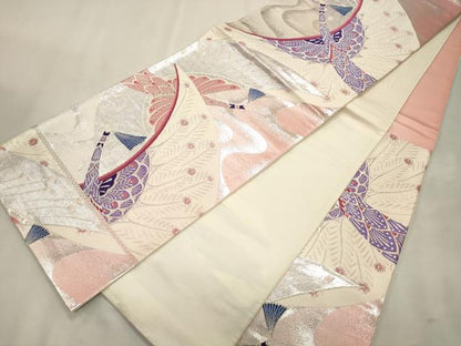 平和屋着物◎六通柄袋帯 孔雀文 銀糸 正絹 逸品 CAAT0119ft