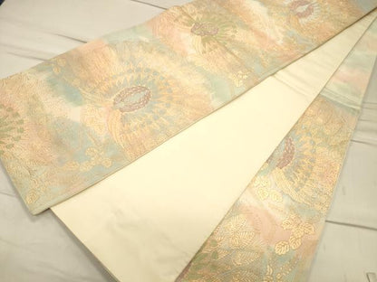 平和屋着物◎六通柄袋帯　孔雀花文　金糸　正絹　逸品　CAAT0148ft