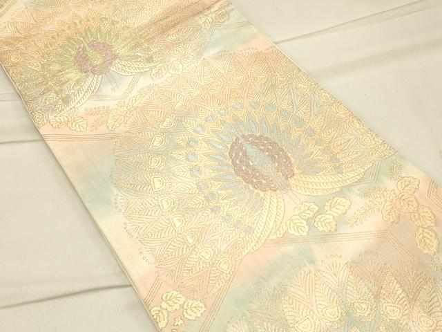 平和屋着物◎六通柄袋帯　孔雀花文　金糸　正絹　逸品　CAAT0148ft