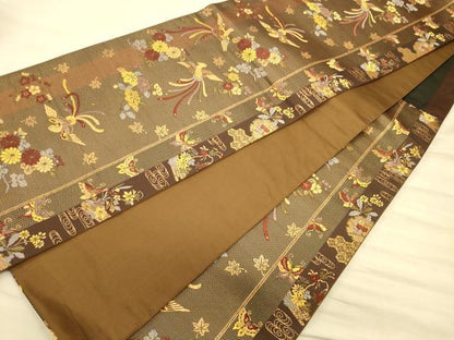 平和屋着物◎六通柄袋帯 尾長鳥花文 金糸 正絹 逸品 CAAT0260ft