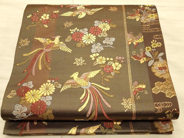 平和屋着物◎六通柄袋帯 尾長鳥花文 金糸 正絹 逸品 CAAT0260ft