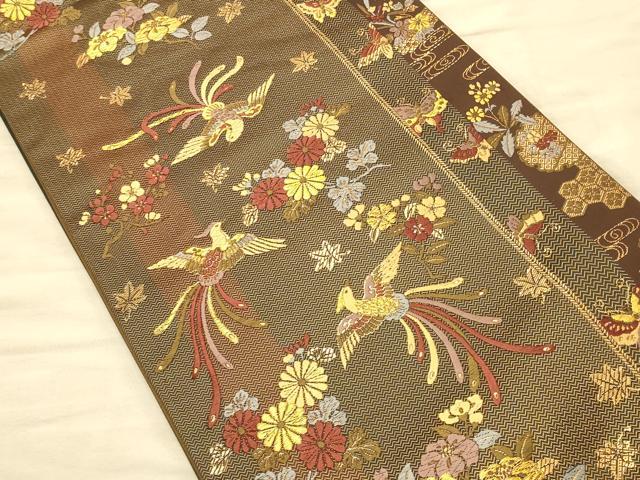 平和屋着物◎六通柄袋帯 尾長鳥花文 金糸 正絹 逸品 CAAT0260ft