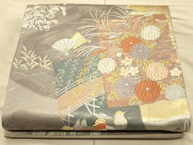 平和屋着物◎六通柄袋帯 唐織 鴛鴦花文 金銀糸 正絹 逸品 CAAT0262ft