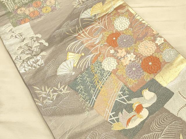 平和屋着物◎六通柄袋帯 唐織 鴛鴦花文 金銀糸 正絹 逸品 CAAT0262ft