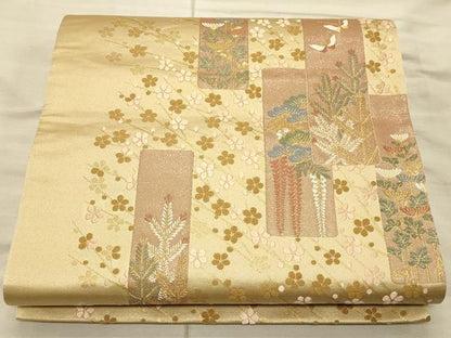 平和屋着物◎太鼓柄袋帯 短冊花鳥文 金糸 正絹 逸品 CAAT0281ft
