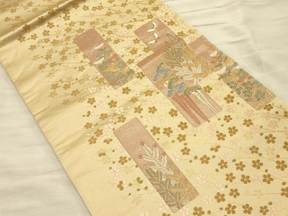 平和屋着物◎太鼓柄袋帯 短冊花鳥文 金糸 正絹 逸品 CAAT0281ft