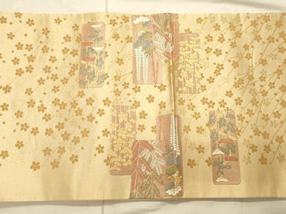 平和屋着物◎太鼓柄袋帯 短冊花鳥文 金糸 正絹 逸品 CAAT0281ft